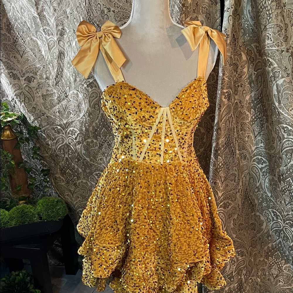 Gold Sequin Dress with Bow Straps